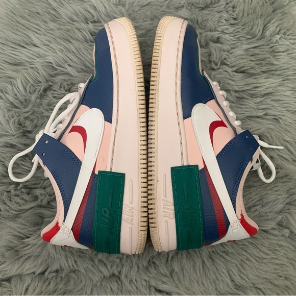 Women’s 9 NIKE Air Force 1 Low Shadow Mystic Navy Pink Red Green Sneakers - Picture 5 of 7